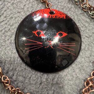 Whimsical Black Cat Copper Pendant Necklace with Striking Red Vintage Feline Cha